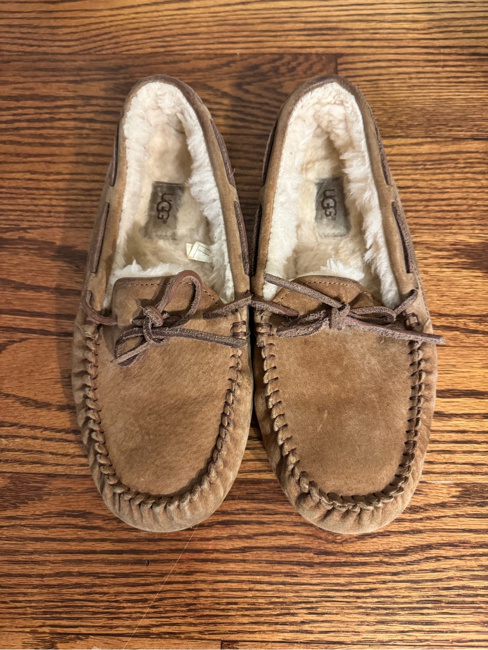 Ugg Tan Suede Leather Moccasin Slippers + Sherpa Liner - 8